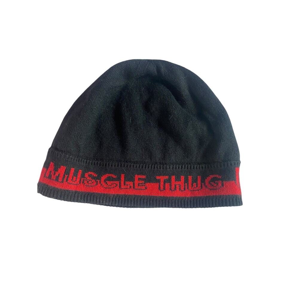 Vtg Muscle Thug Knitted Beanie Cap Black And Red One Size